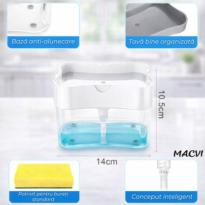 Dispenser detergent Macvi® 380 ml cu suport pentru burete, actionare prin apasare, economisire detergent