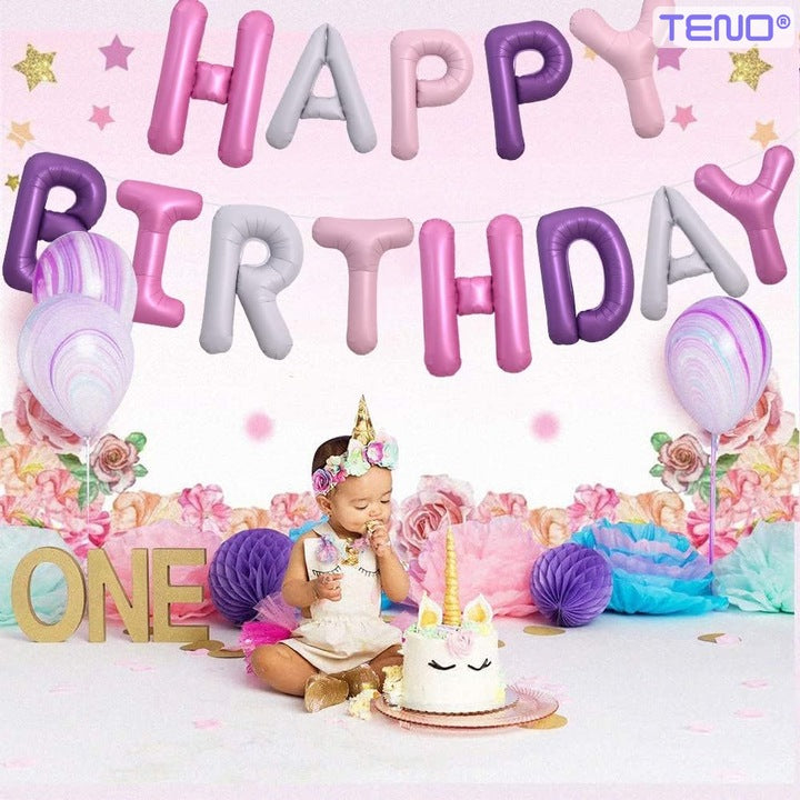 Set 25 Baloane Teno®, Litere, pentru Petreceri/Aniversari/Evenimente, confetti, stelute, model HAPPY BIRTHDAY, roz/mov/alb