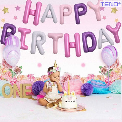 Set 25 Baloane Teno®, Litere, pentru Petreceri/Aniversari/Evenimente, confetti, stelute, model HAPPY BIRTHDAY, roz/mov/alb