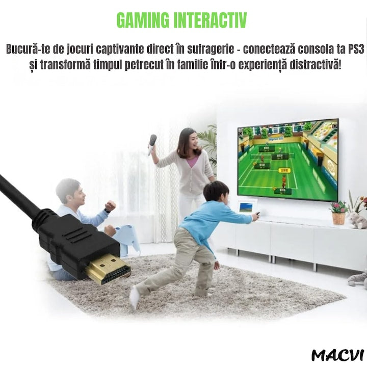 Cablu video Macvi® HDMI la HDMI, 1.8m, conectori aurii premium, rezolutie 4K Ultra HD 60Hz, negru