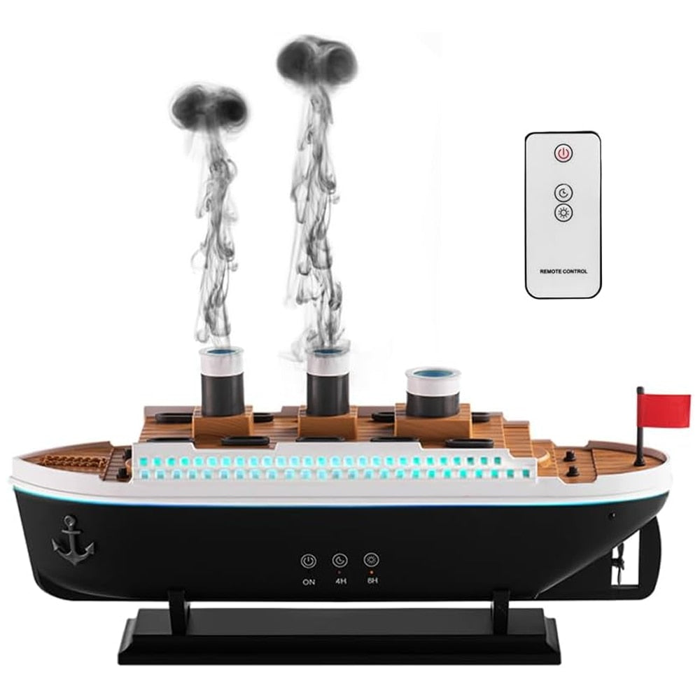 Difuzor Aromaterapie Teno®, forma de nava de croaziera, 7 culori LED, lumini dinamice, control tactil, capacitate 250ml, silentios, rezerva inclusa, umidifica aerul, negru/alb