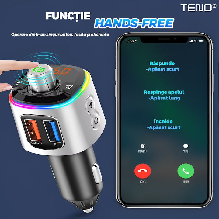 Modulator Auto FM, Teno, Bluetooth 5.0, functie dubla incarcare, afisare voltaj baterie, gri