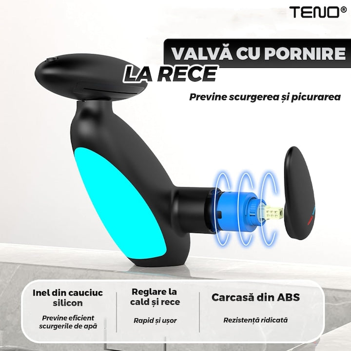 Baterie Chiuveta Baie Premium Teno®, 4 tipuri de jet, iluminare LED, cartus ceramic, cap retractabil, rezistenta la rugina si coroziune, accesorii incluse, negru