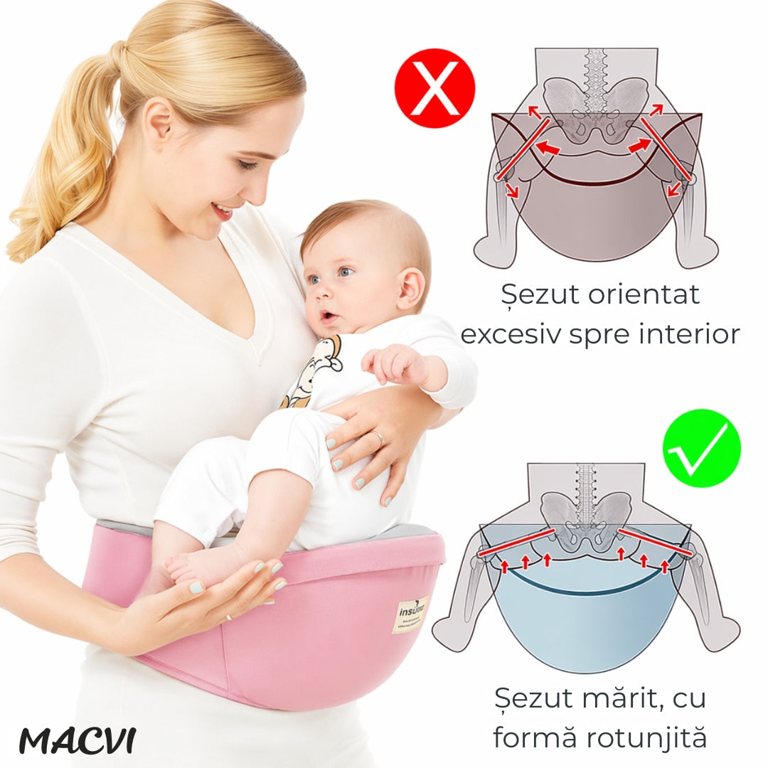 Suport port bebe Macvi® tip marsupiu, cu centura pentru talie, material bumbac premium, burete ergonomic, confortabil, 43 x 22 cm, roz