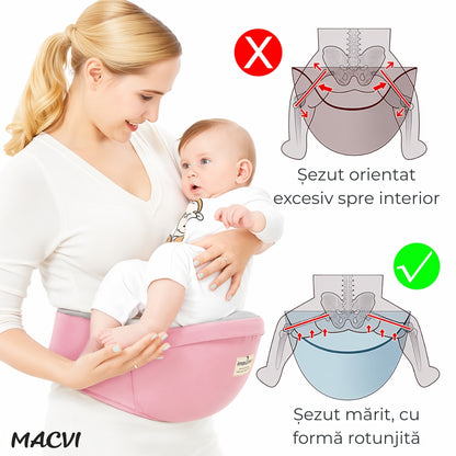 Suport port bebe Macvi® tip marsupiu, cu centura pentru talie, material bumbac premium, burete ergonomic, confortabil, 43 x 22 cm, roz