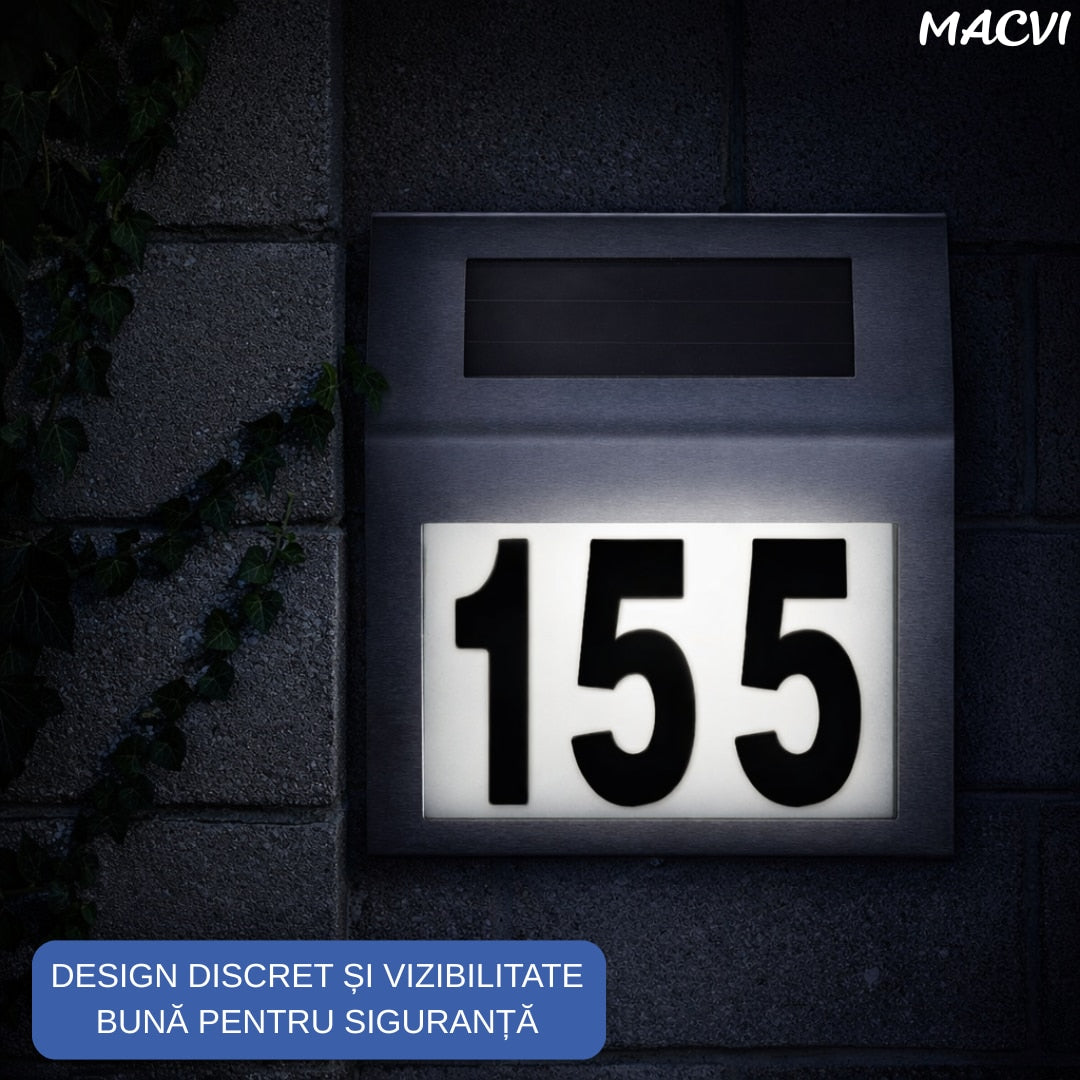 Placa Numar Casa Macvi® cu Iluminare Solara LED Montaj Exterior, Detectie Automata Noapte-Zi, Rezistenta la Intemperii, din Inox