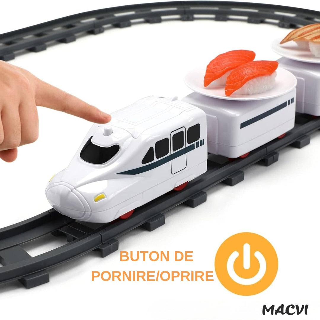 Set trenulet Macvi® pe cale ferata cu farfurii pentru servire Sushi, locomotiva electrica, 3 vagoane, 6 tavite si 12 sine, 197 cm