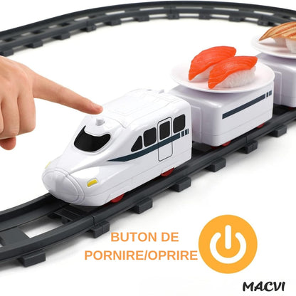 Set trenulet Macvi® pe cale ferata cu farfurii pentru servire Sushi, locomotiva electrica, 3 vagoane, 6 tavite si 12 sine, 197 cm