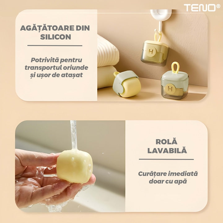 Mini Rola Scame Teno®, reutilizabila prin spalare, silicon lavabil, indepartare scame/par animale/praf, pentru mobilier/haine, compacta, 4.5 x 4.5 cm, crem/alb