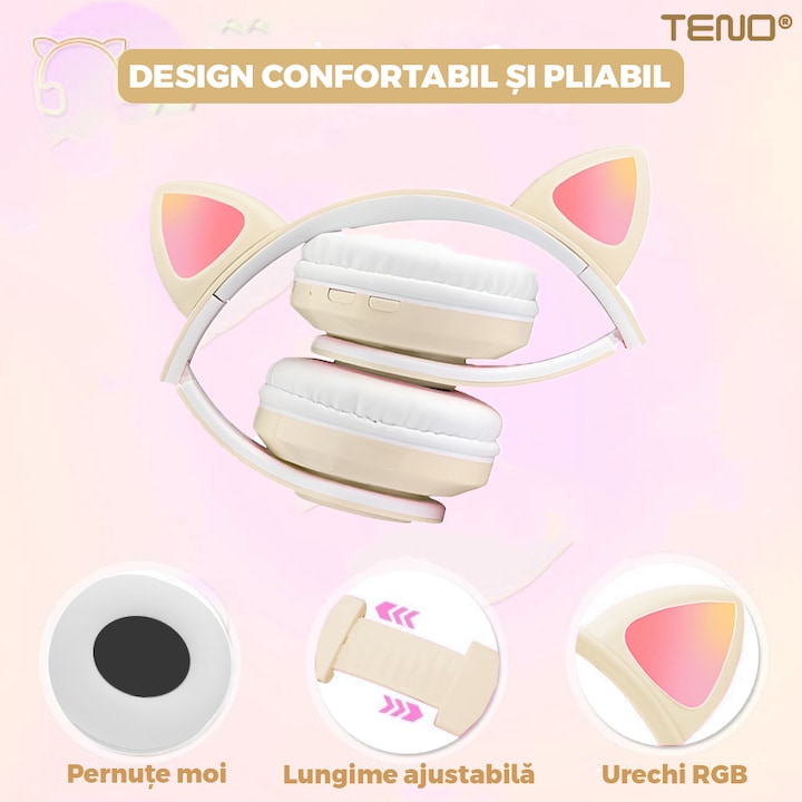Casti Wireless Model Pisica Teno®, B39, overear, urechi de pisica cu iluminare RGB, bluetooth 5.0, handsfree, HiFi, bass stereo, kaki