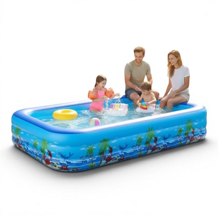 Piscina gonflabila familiala Macvi® 260x165x54cm, 3 inele, PVC rezistent la UV, montare rapida, pentru copii si adulti, curte si gradina, design tropical