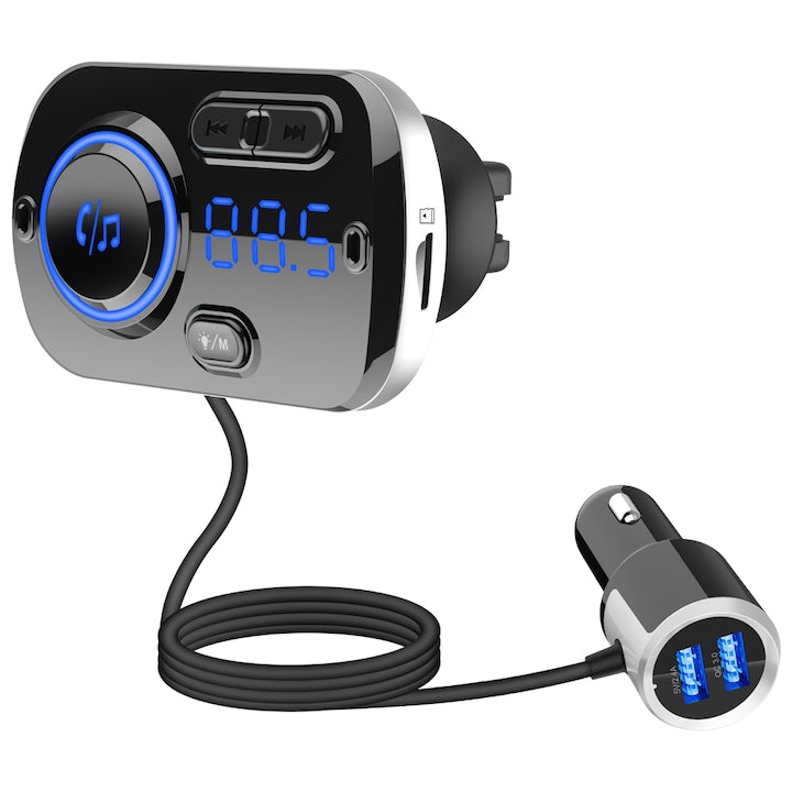 Modulator FM SeveShop 49BQ, Bluetooth 5.0, Car Kit Handsfree, Incarcare Rapida QC3.0, MP3 Player, 2 Porturi USB Dual pentru Incarcare Rapida, Suport Comenzi Vocale prin Siri/Google Asistent, Compatibil iPhone, Samsung, Android, 32GB TF Card, Negru