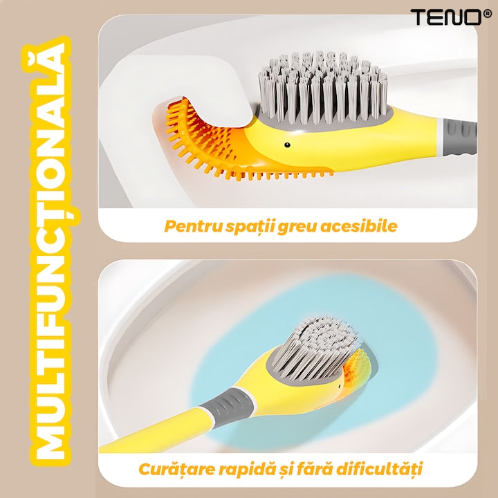Perie pentru Toaleta Ratusca Teno®, din silicon, model adorabil, carcasa ou, suport adeziv montabil pe orice suprafata, 2 capete, capat cioc din silicon, capat cu peri pentru pete, galben