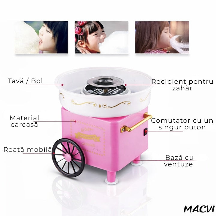 Aparat profesional de facut vata de zahar Macvi® 500W cu 210 bete incluse pentru uz casnic