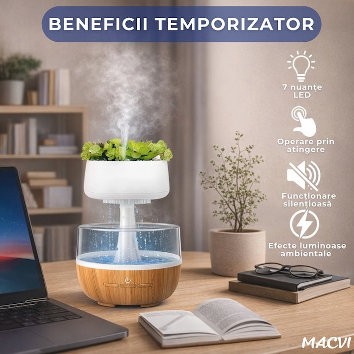 Umidificator decorativ cu efect de ploaie tip nor Macvi® cu LED 7 culori sunet ploaie si element vegetal artificial, 0.3L, Cablu USB
