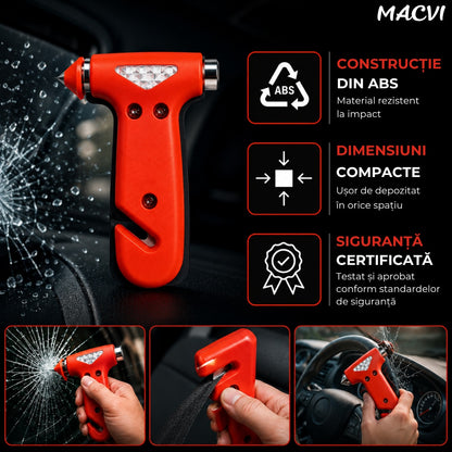 Ciocan Profesional Macvi® pentru Spargerea Geamurilor cu Suport si Cutter pentru Centura