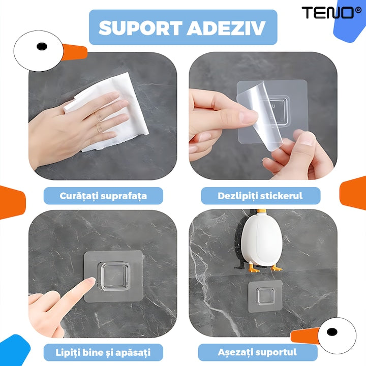Perie pentru Toaleta Ratusca Teno®, din silicon, model adorabil, carcasa ou, suport adeziv montabil pe orice suprafata, 2 capete, capat cioc din silicon, capat cu peri pentru pete, albastru