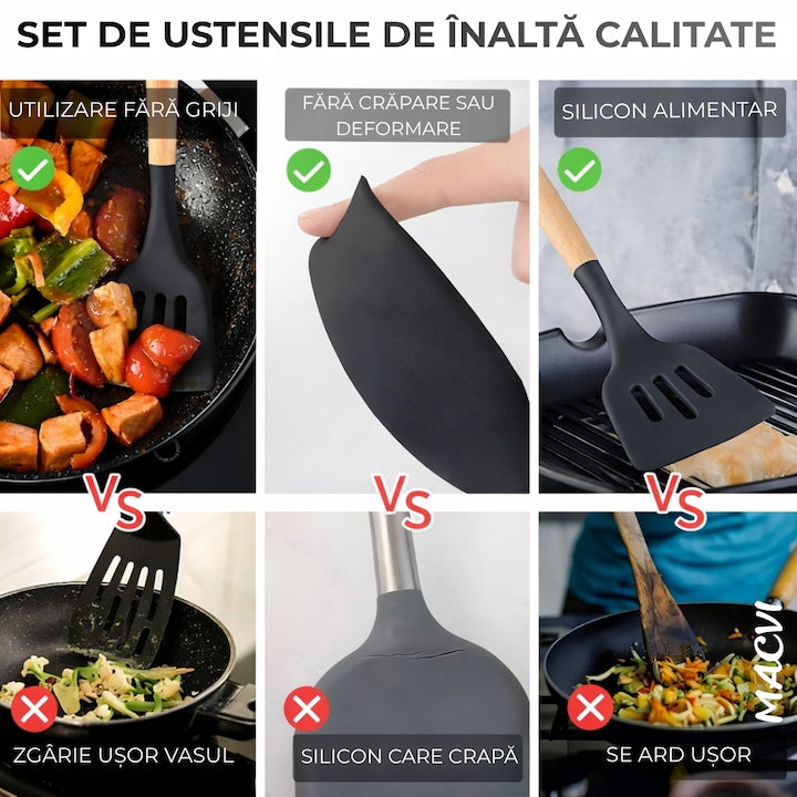 Set Ustensile Bucatarie Macvi® 19 Piese Silicon Termorezistent si Bambus, Cutite Inox, Suport Organizator Compact, Design Negru Elegant