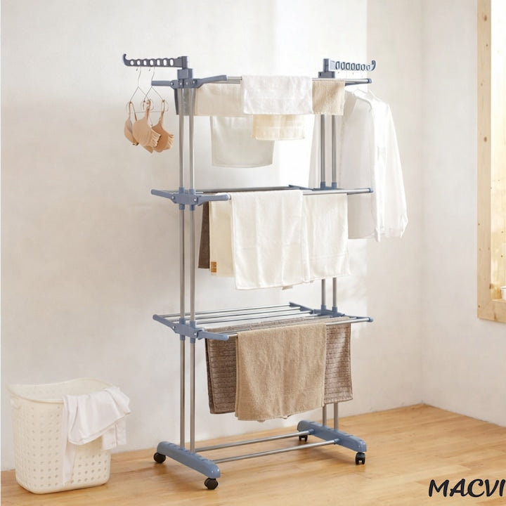 Uscator vertical pentru rufe Macvi®, cu 3 nivele de uscare, mobil si pliabil, suport umerase, gri