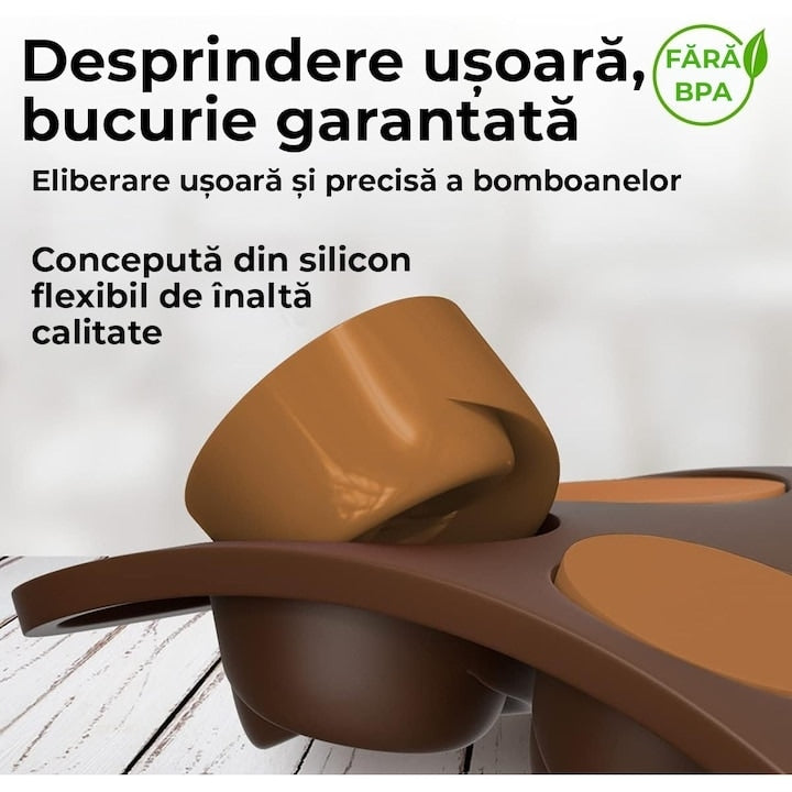 Set 4 Forme Ciocolata Silicon Macvi®, Antiaderente, Flexibile, BPA Free, Pentru Bomboane, Pralitine, Gheata, Maro