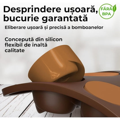 Set 4 Forme Ciocolata Silicon Macvi®, Antiaderente, Flexibile, BPA Free, Pentru Bomboane, Pralitine, Gheata, Maro