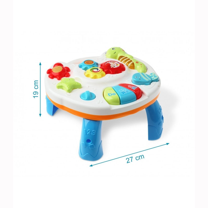 Masa de activitati muzicale 2in1 Macvi®, pentru bebelusi, cu pian, lumini si sunete, detasabila, prindere pentru patut, alb-albastru