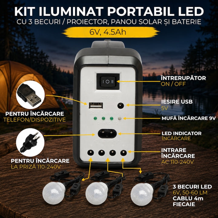 Kit Iluminat Portabil LED Macvi® 7COB, Panou Solar 3.5W, 3 Becuri LED, Proiector LED 250 lm, Baterie 6V 4.5Ah, USB 5V, pentru Camping, Pescuit si Situatii de Urgenta
