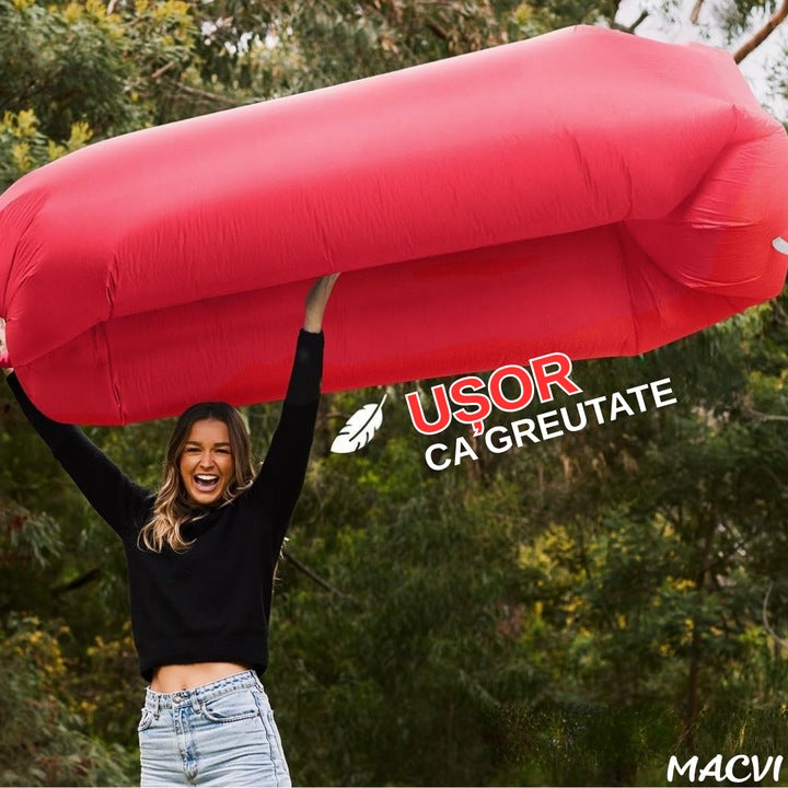 Saltea gonflabila tip sezlong Lazybag Macvi®, material rezistent, umflare fara pompa, pentru plaja/picnic/camping, rucsac de depozitare, 190 x 70 cm,rosu