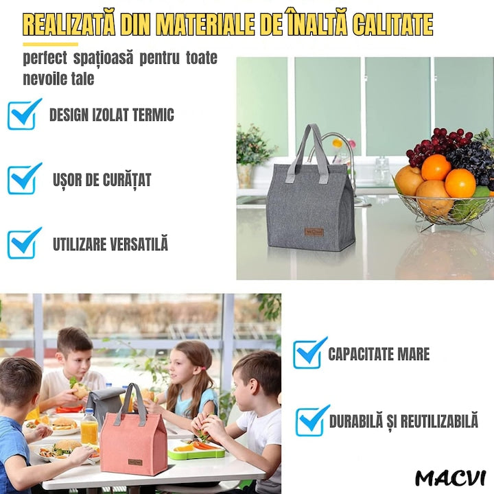 Geanta termoizolanta Macvi® multifunctionala, pentru birou, picnic sau camping, 22.5x13x25.5 cm, material premium, design gri