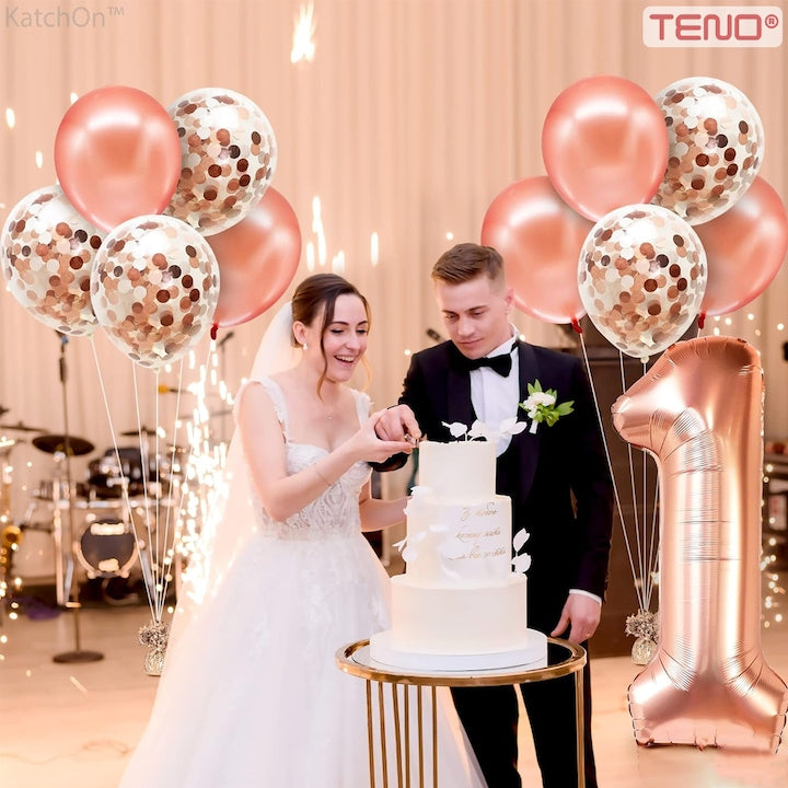 Set 12 Baloane Teno®, Cifra 1, pentru Petreceri/Aniversari/Evenimente, Stea/Rotunde/Confetti, 3 culori, latex, rose gold