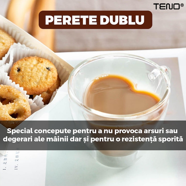 Set 2 Cani de Sticla cu Perete Dublu Teno®, model inimioara, design modern, termorezistente, capacitate 250 ml, 9 x 8 cm