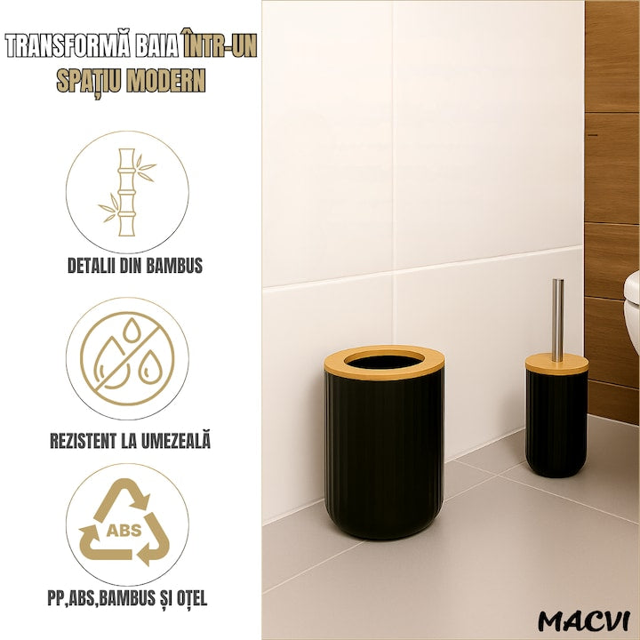 Set Baie Macvi® 6 Piese Negru Mat cu Accente de Lemn, Cos Gunoi, Perie WC, Dozator Sapun, Suport Periute, Pahar si Sapuniera