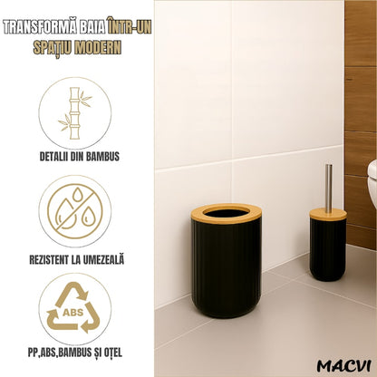 Set Baie Macvi® 6 Piese Negru Mat cu Accente de Lemn, Cos Gunoi, Perie WC, Dozator Sapun, Suport Periute, Pahar si Sapuniera