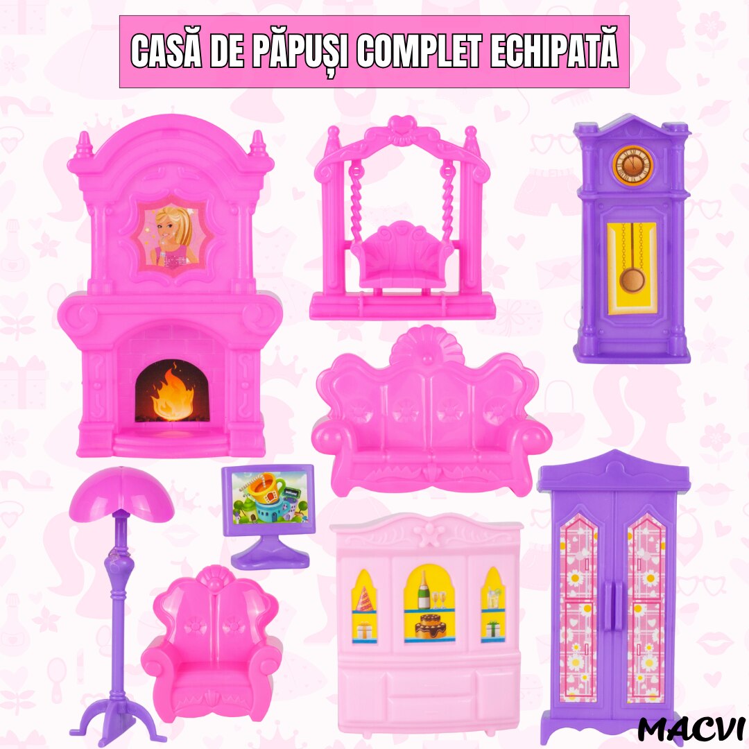 Casuta pentru papusi Macvi® Lovely House, 2 etaje, 5 camere, garaj cu masina, 2 figurine incluse, set 112 piese