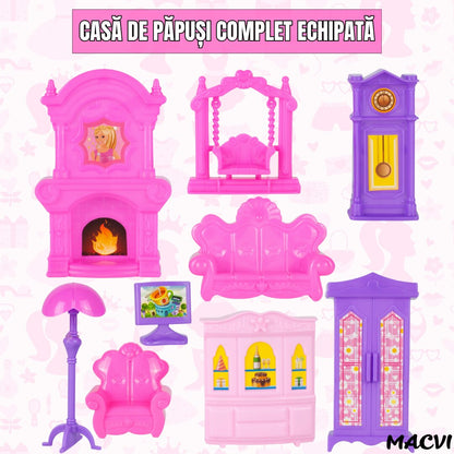 Casuta pentru papusi Macvi® Lovely House, 2 etaje, 5 camere, garaj cu masina, 2 figurine incluse, set 112 piese