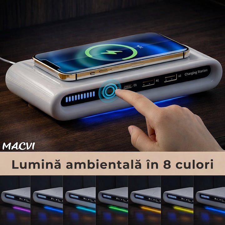 Incarcator fara fir Macvi® 4 in 1 cu conectare USB-C si 2 sloturi USB