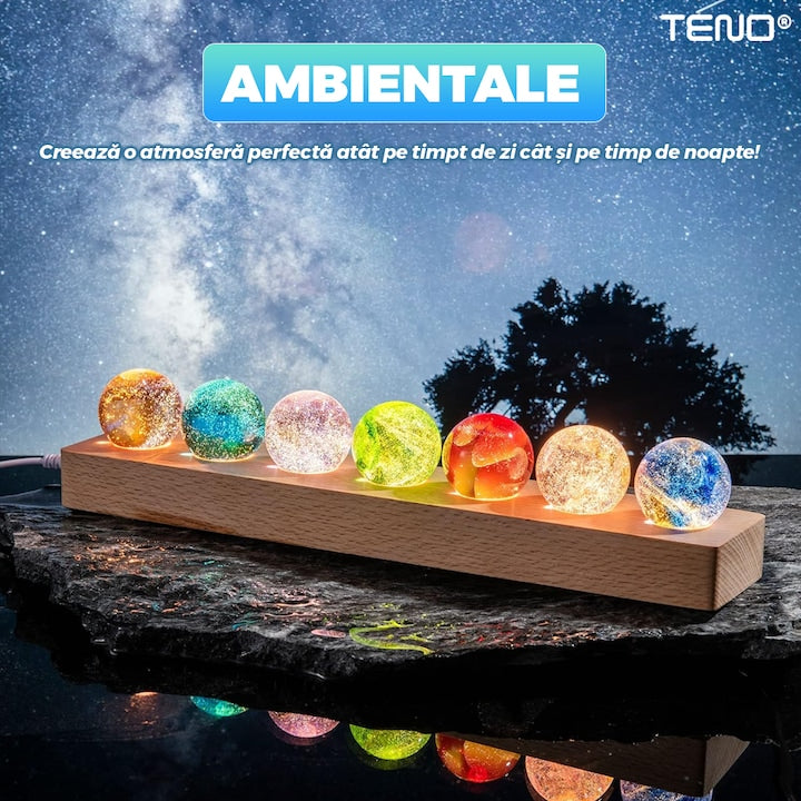 Lampa de Veghe Teno®, 7 bile de cristal, ambientala, lumini LED, suport de lemn, lumina cu protectie pentru ochi, multicolor