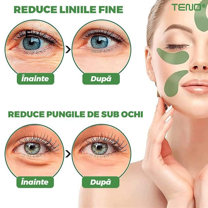 Set 60 de Plasturi pentru Ochi Teno®, cu alge marine, hialuronat de sodiu, hidratanti, pentru ingrijirea ochilor, lumineaza cercurile ochilor, reduc pungile de sub ochi, verde