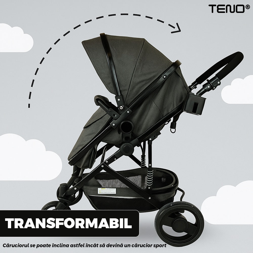 Carucior 3 in 1 Teno®, transformabil, carucior clasic, carucior sport, pliabil, copertina cu protectie solara, cosulet dorsal, roti rezistente, negru