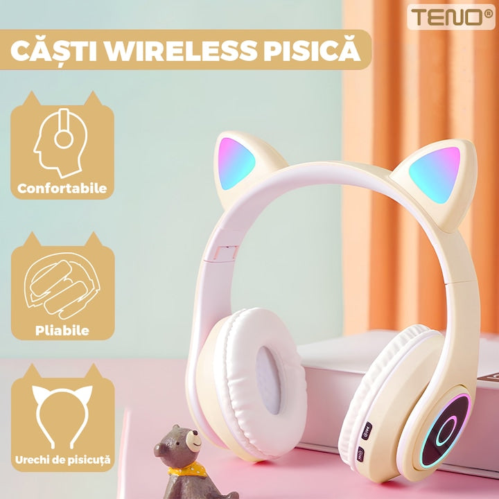 Casti Wireless Model Pisica Teno®, B39, overear, urechi de pisica cu iluminare RGB, bluetooth 5.0, handsfree, HiFi, bass stereo, kaki