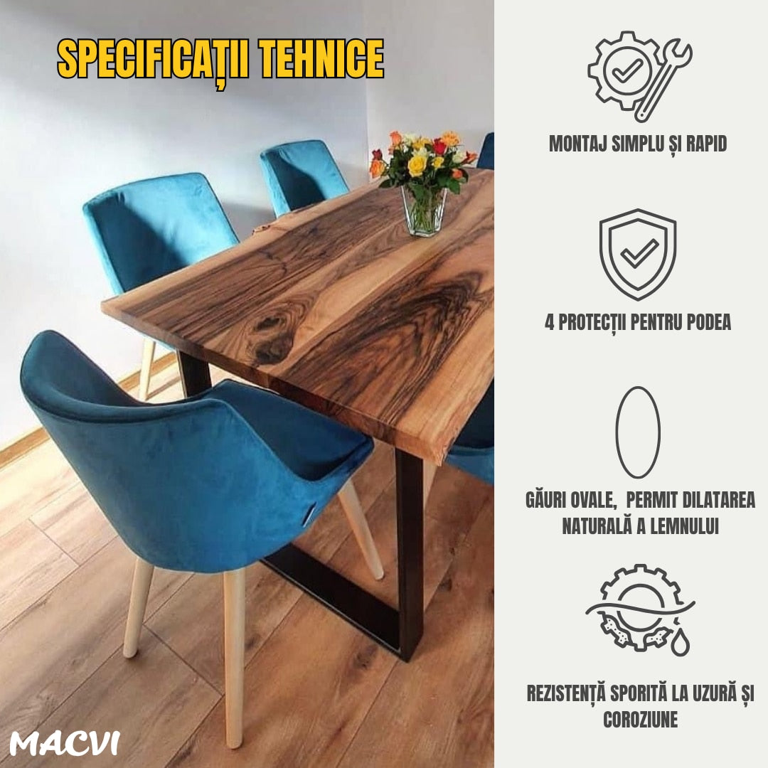 Set 2 Picioare Masa Macvi®, Profil Lat 80 mm, Metal Negru Mat, Vopsire in Camp Electrostatic, Dimensiuni 72x60x8 cm, Design Industrial Modern