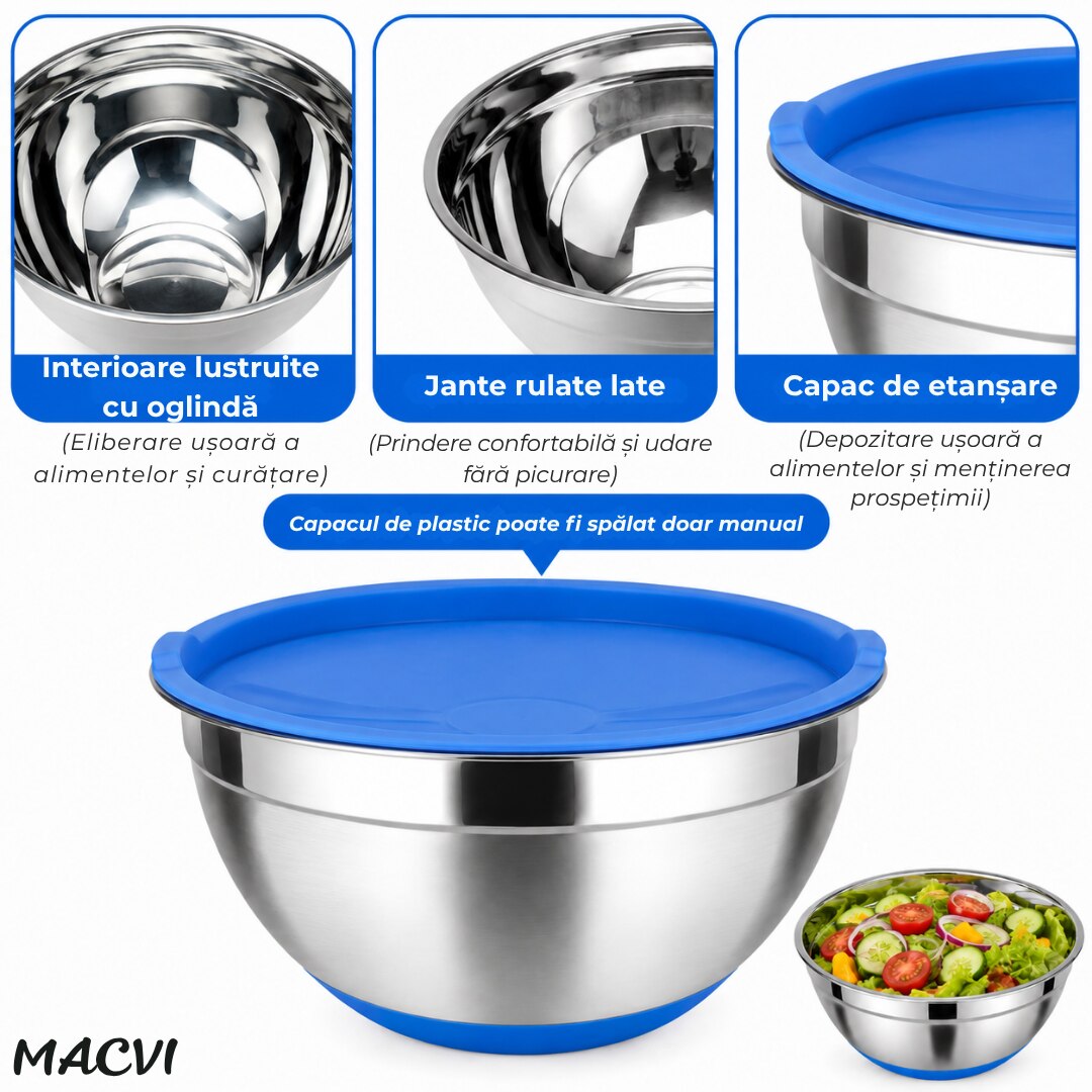 Castron Inox cu Capac si Baza Antiderapanta Macvi® 22 cm Bol Bucatarie, Otel Inoxidabil cu Capac Etans, Albastru