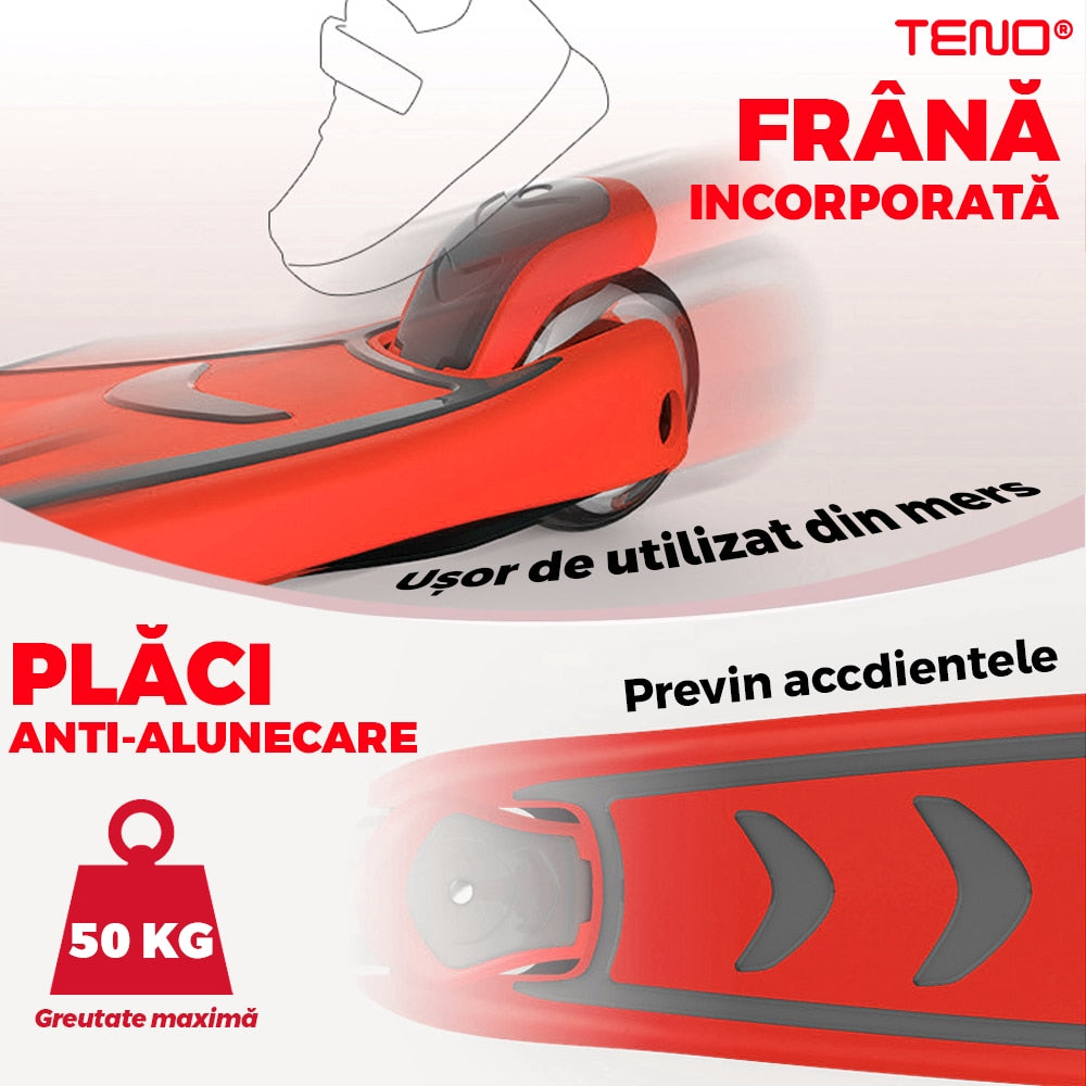 Trotineta pentru Copii cu Lumini Teno®, 3 roti, pliabila, anti-aluncare, inaltime ajustabila, stabila, frana, incorporata, 3-11 ani, rosu