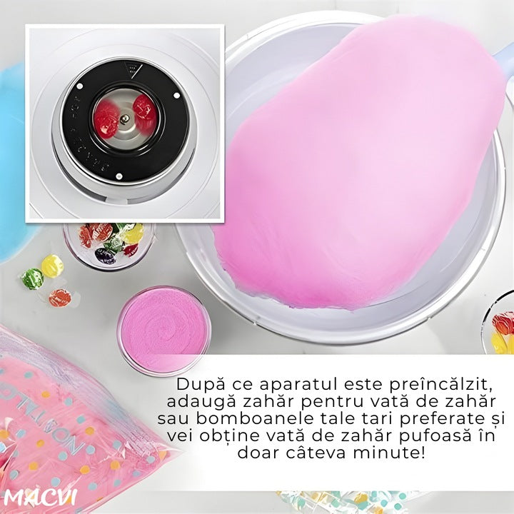 Aparat profesional de facut vata de zahar Macvi® 500W cu 210 bete incluse pentru uz casnic