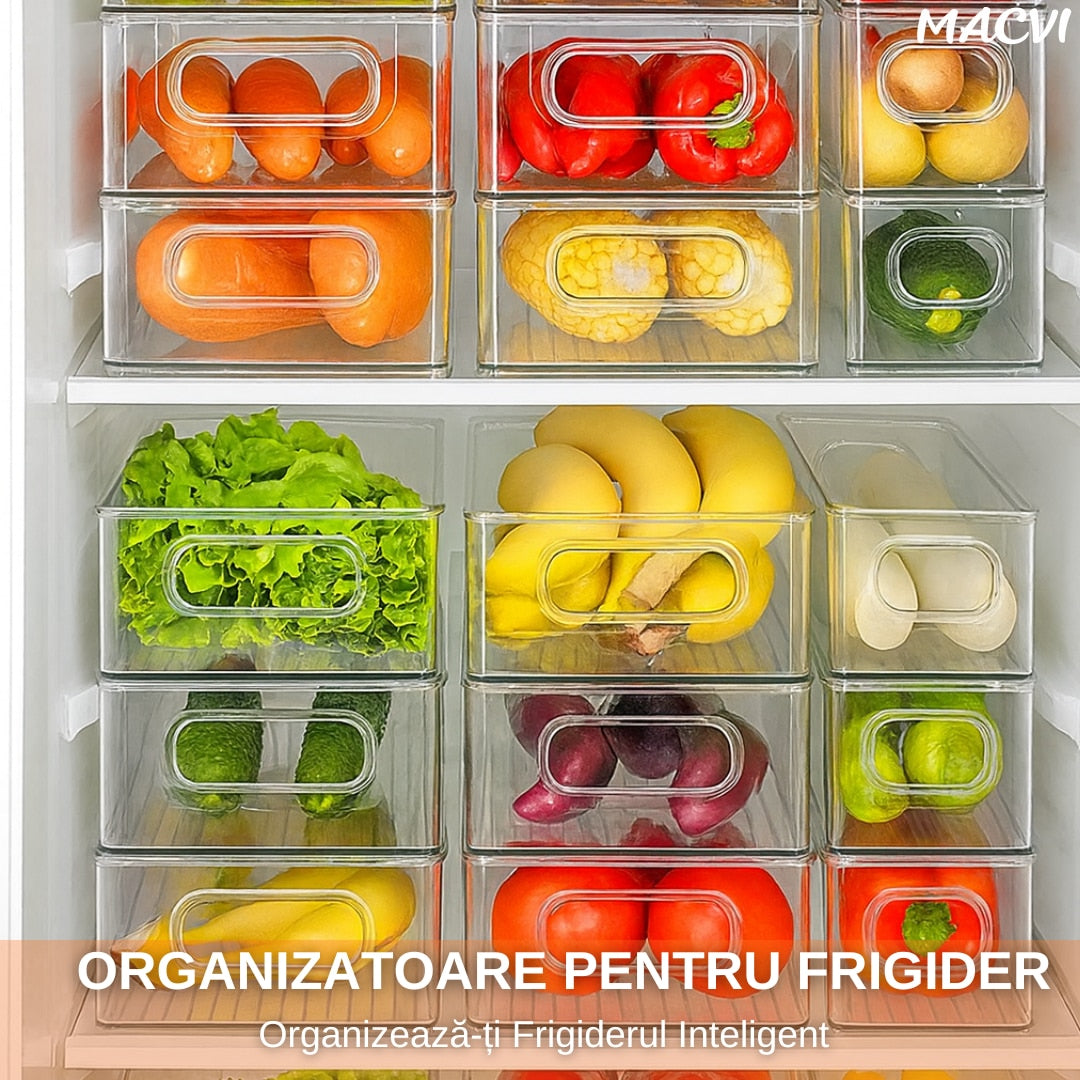 Set 4 organizatoare Macvi® pentru frigider, ABS durabil, fara BPA, stocabile, cu manere integrate, 26×15 cm, transparente
