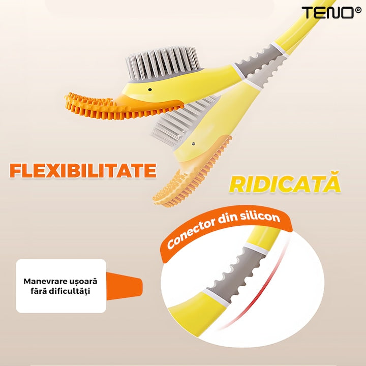 Perie pentru Toaleta Ratusca Teno®, din silicon, model adorabil, carcasa ou, suport adeziv montabil pe orice suprafata, 2 capete, capat cioc din silicon, capat cu peri pentru pete, galben