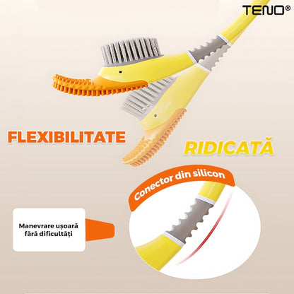 Perie pentru Toaleta Ratusca Teno®, din silicon, model adorabil, carcasa ou, suport adeziv montabil pe orice suprafata, 2 capete, capat cioc din silicon, capat cu peri pentru pete, galben