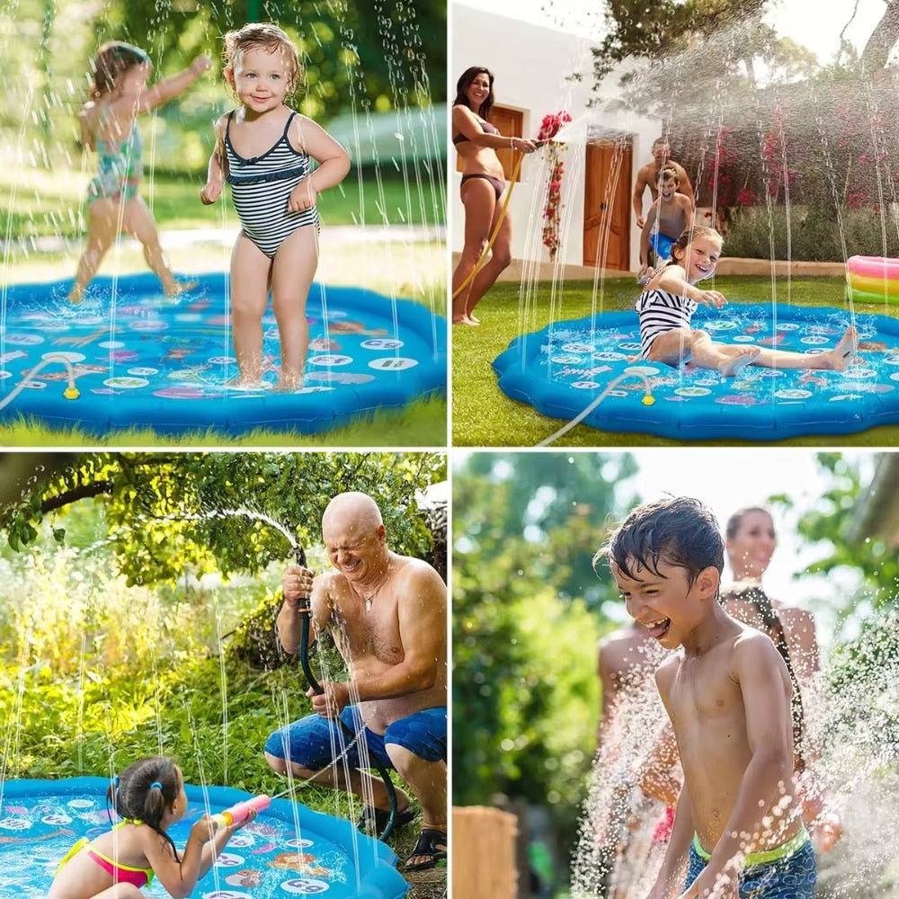 Piscina tip covoras de apa Macvi®, 100 cm, Albastru, PVC rezistent, Conectare la furtun apa, pentru joaca in aer liber