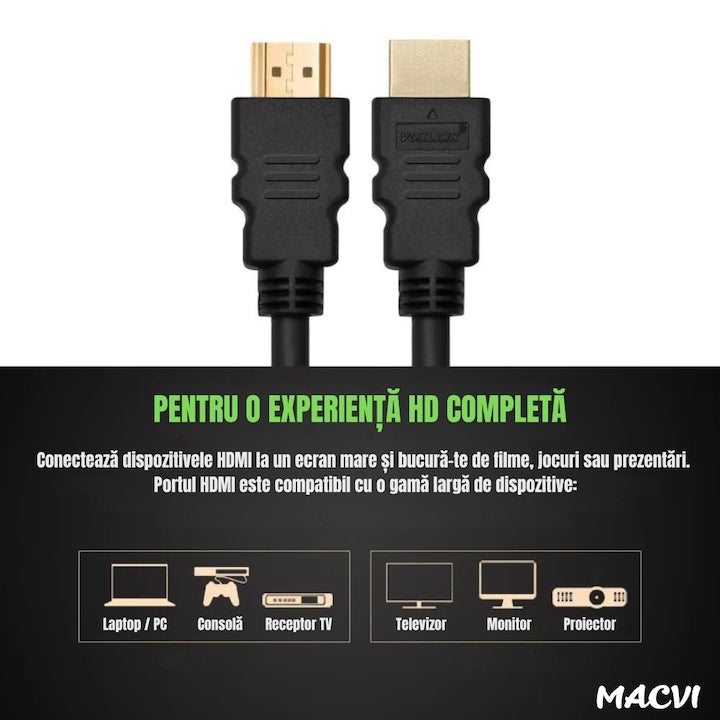 Cablu video Macvi® HDMI la HDMI, 1.8m, conectori aurii premium, rezolutie 4K Ultra HD 60Hz, negru