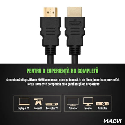 Cablu video Macvi® HDMI la HDMI, 1.8m, conectori aurii premium, rezolutie 4K Ultra HD 60Hz, negru